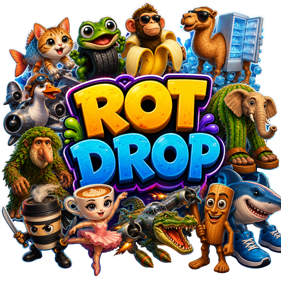ROT DROP logo with brainrot characters